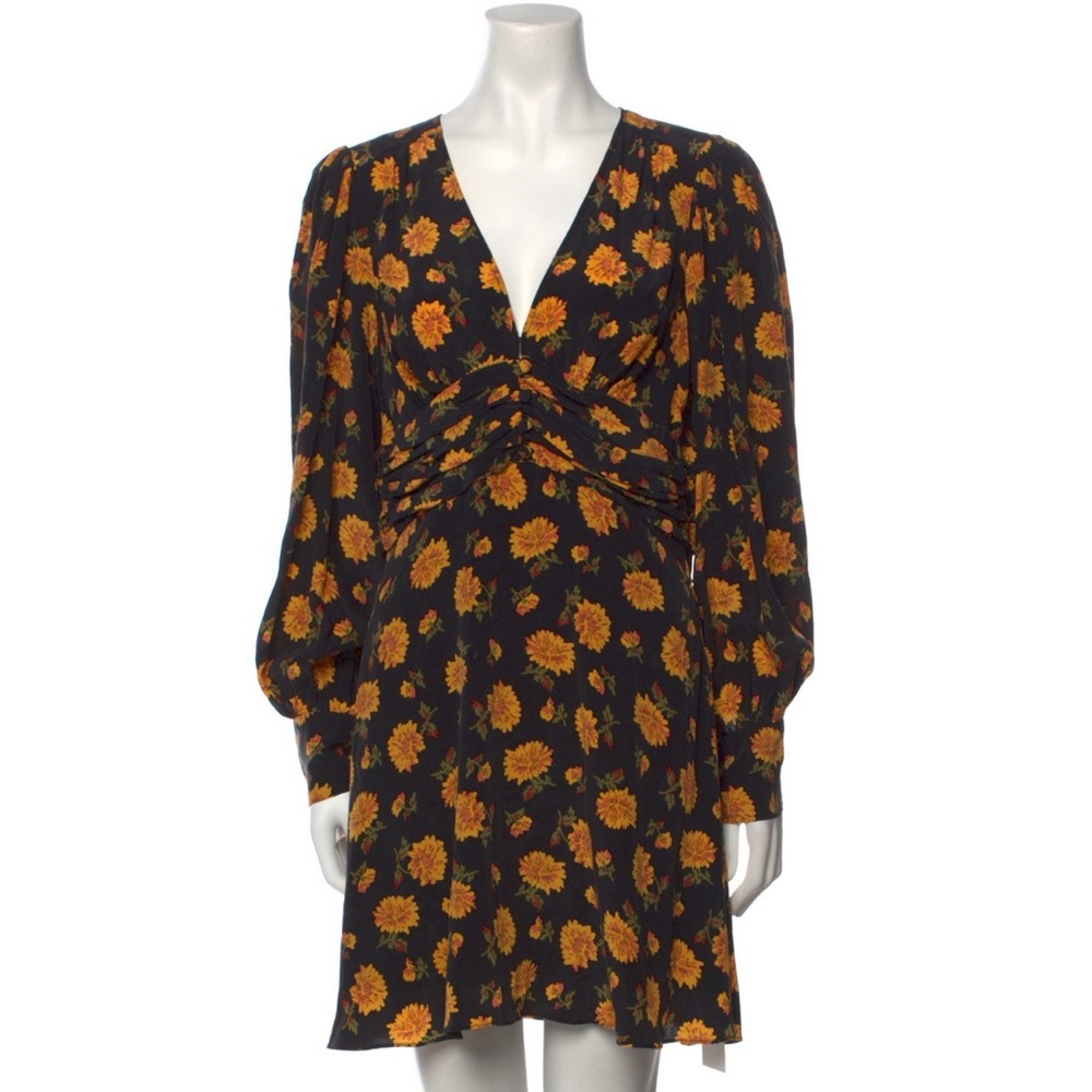 VERONICA BEARD Marion Black Yellow Floral Silk Crepe Retro Mini Dress 8 M Medium